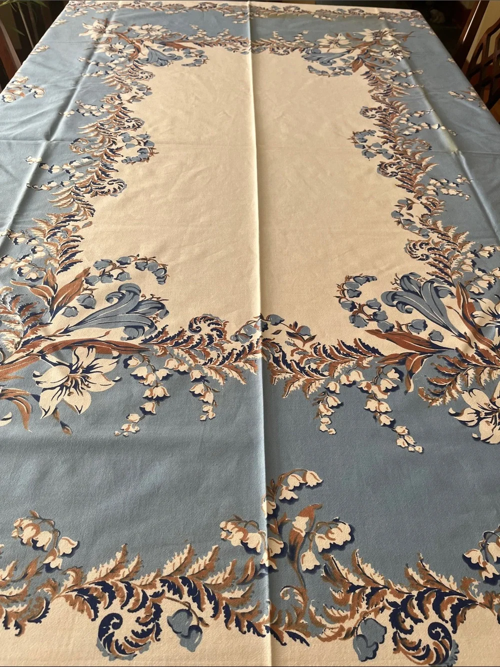 Vintage Blue and Cream Floral Border Tablecloth, approx 59”x79”